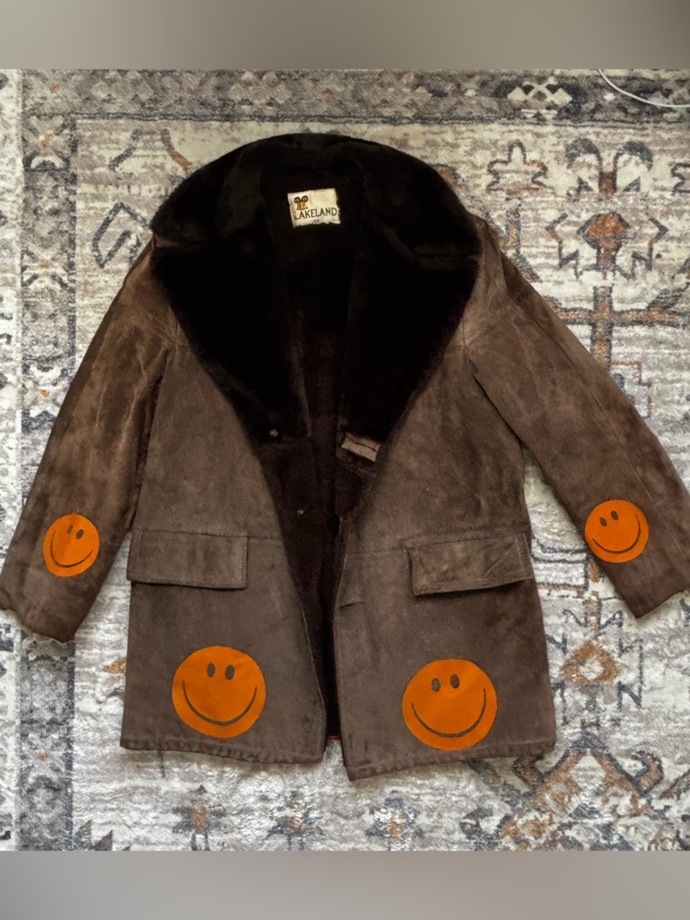 Brown Suede Jacket with Orange Smiley Patches